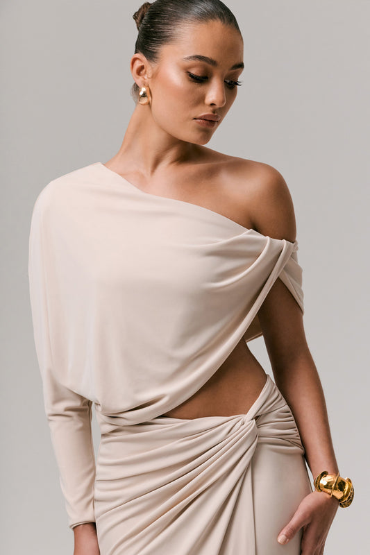 Dua | Cream Asymmetric One-Sleeve Draped Top